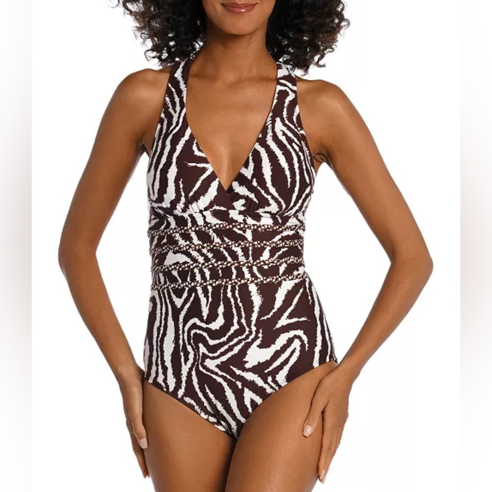 La Blanca Fierce Lines Multi Strap Cross Back One Piece Size 8 New